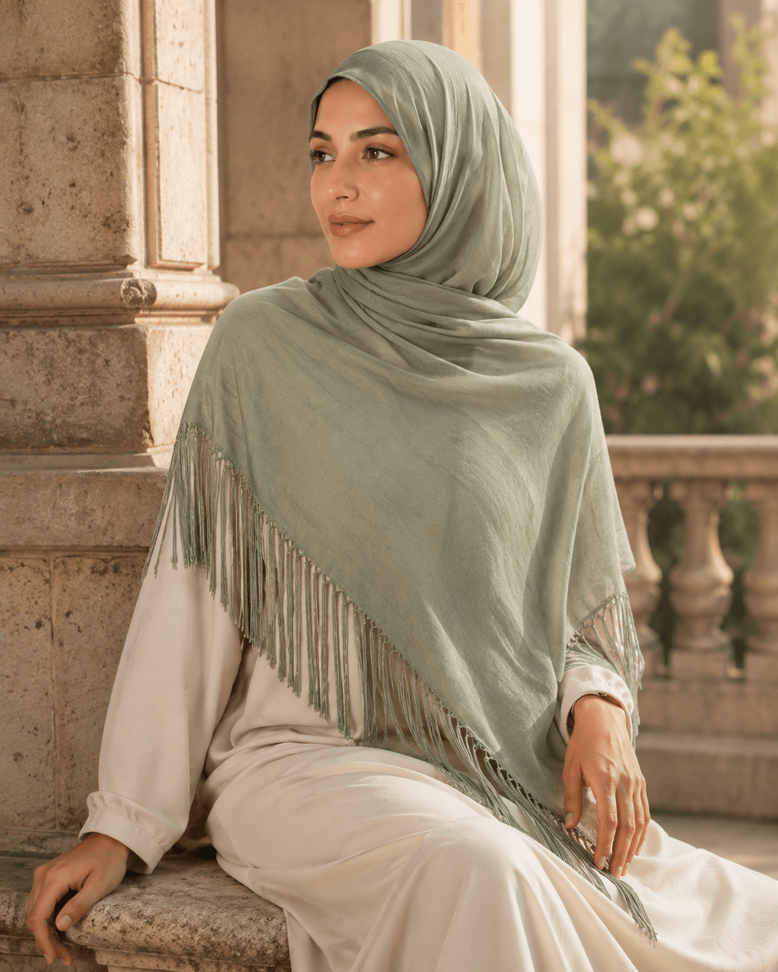 Modal Tassel Hijab — Pearl Bead Embellished Hem, Occasion Wear Collection — Modal Tassel hijab, 50 pcs MOQ, OEM/ODM wholesale | QIUYAN — view 2