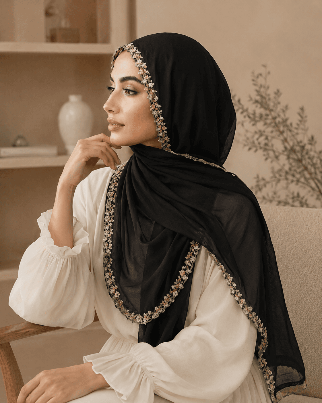 Modal Trim Hijab — Lace Insert Panel, Semi-Sheer Luxury Collection — Modal Trim hijab, 50 pcs MOQ, OEM/ODM wholesale | QIUYAN — view 2