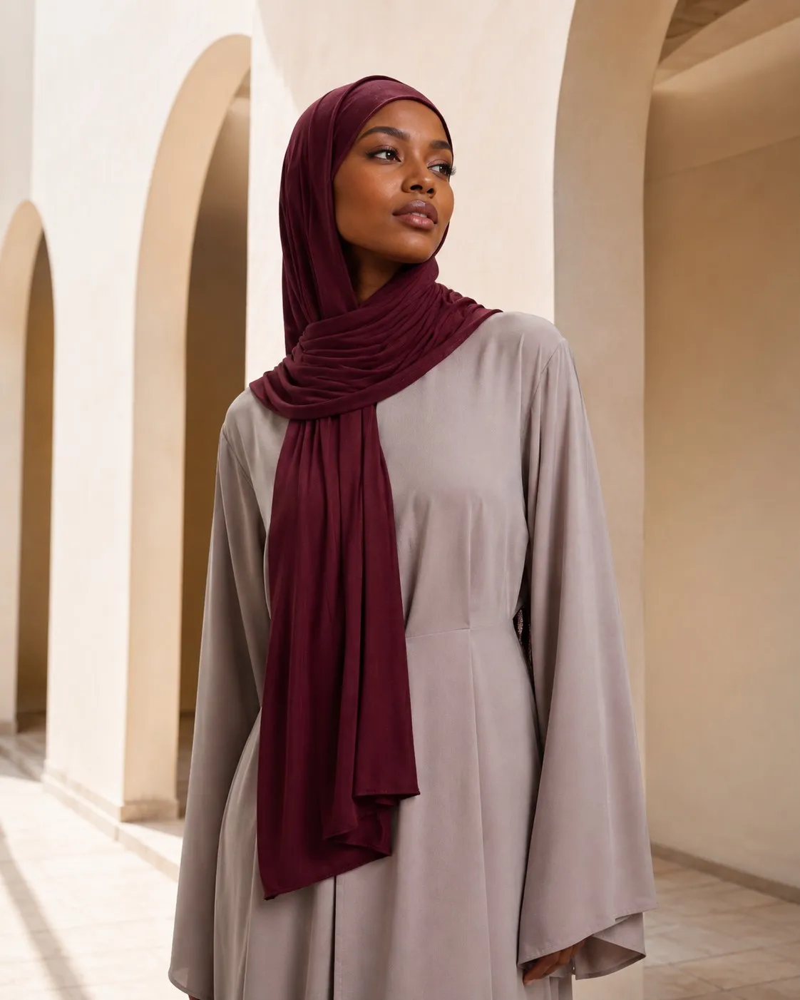 Private Label Liquid Jersey Hijab — Wholesale Silky Drape, OEM Manufacturer | Burgundy Solid Collection — Liquid Jersey hijab, 50 pcs MOQ, OEM/ODM wholesale | QIUYAN — view 2