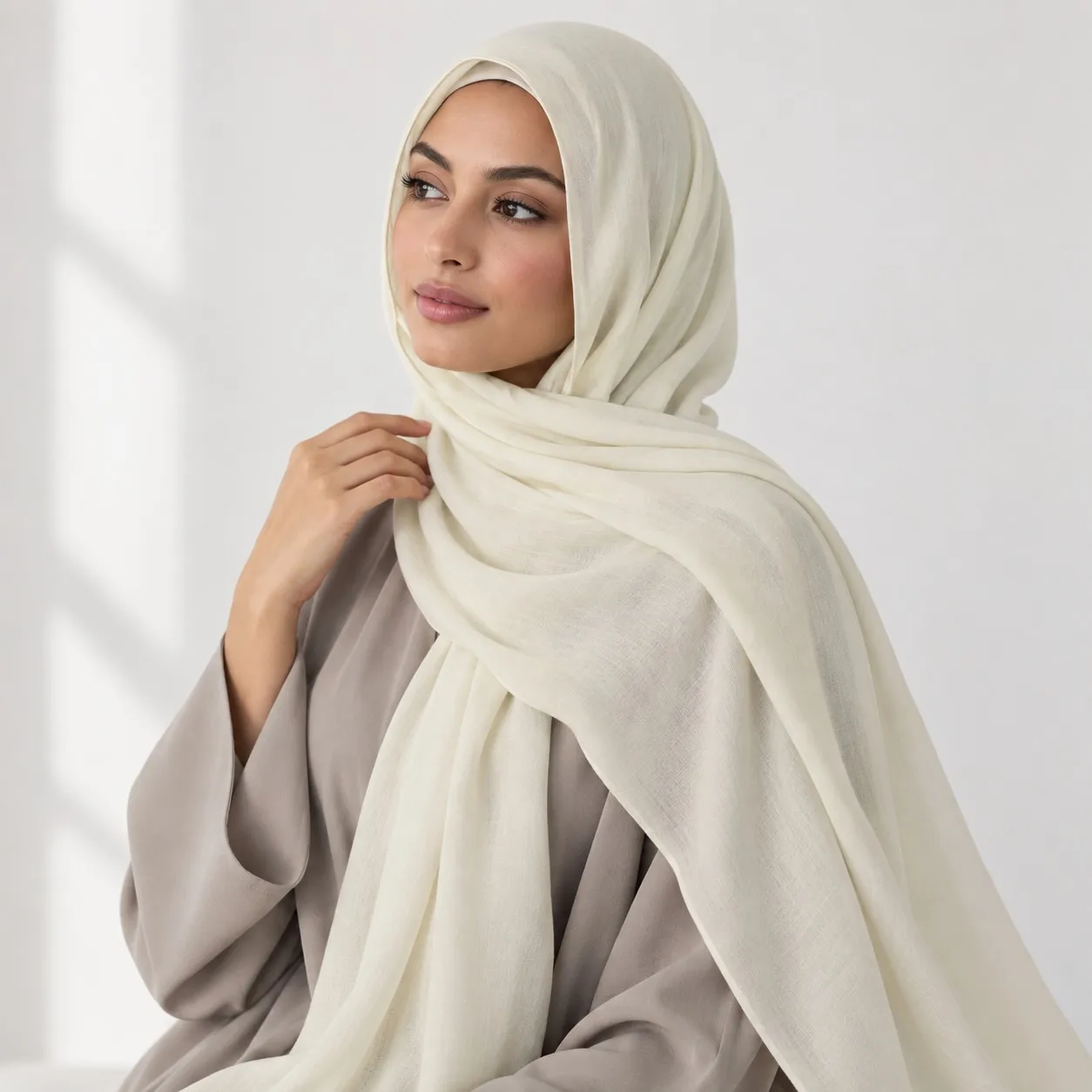 30s Print Modal Hijab — Wholesale Supplier & Manufacturer | Ivory White Fluid Drape Collection — alternate view showing 30s Print Bamboo Modal drape and finish