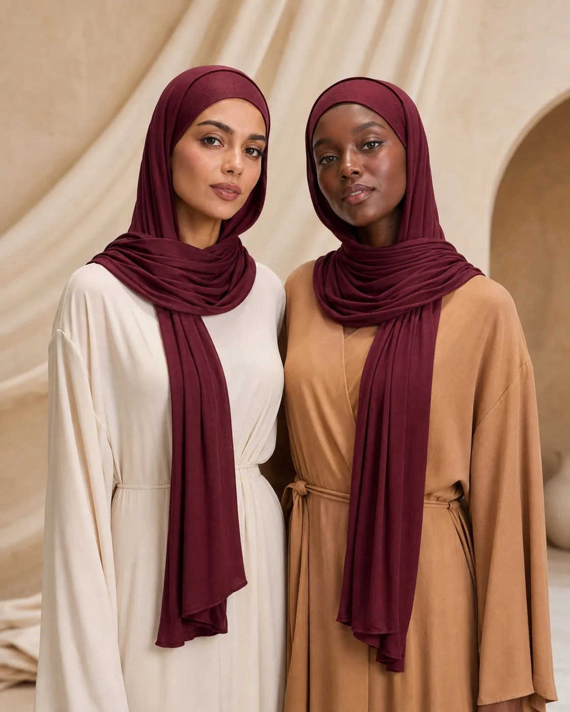 Private Label Liquid Jersey Hijab — Wholesale Silky Drape, OEM Manufacturer | Burgundy Solid Collection — Liquid Jersey hijab, 50 pcs MOQ, OEM/ODM wholesale | QIUYAN — view 4