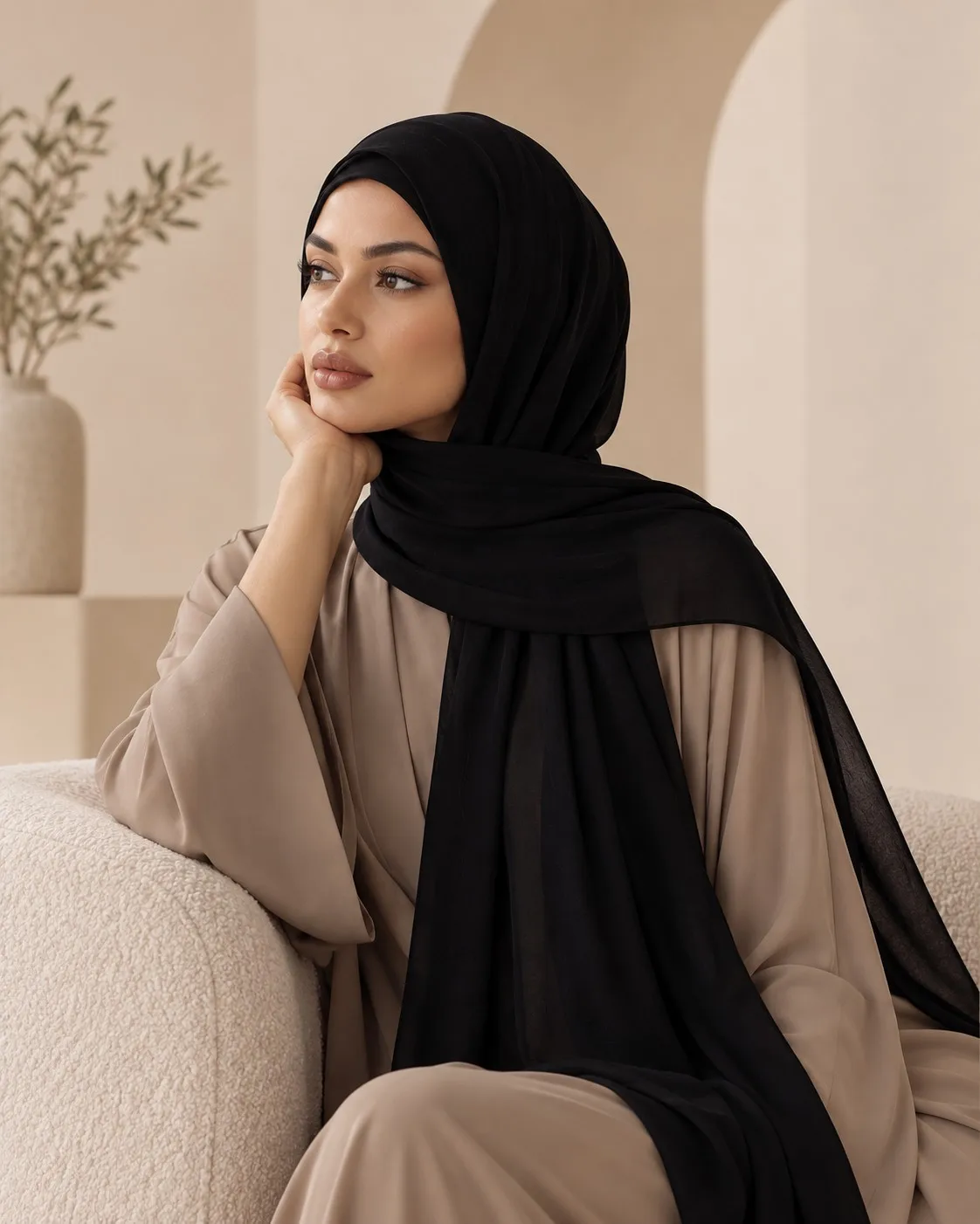 30s Print Modal Hijab — Wholesale Supplier & Manufacturer | Classic Black Fluid Drape Collection — alternate view showing 30s Print Bamboo Modal drape and finish