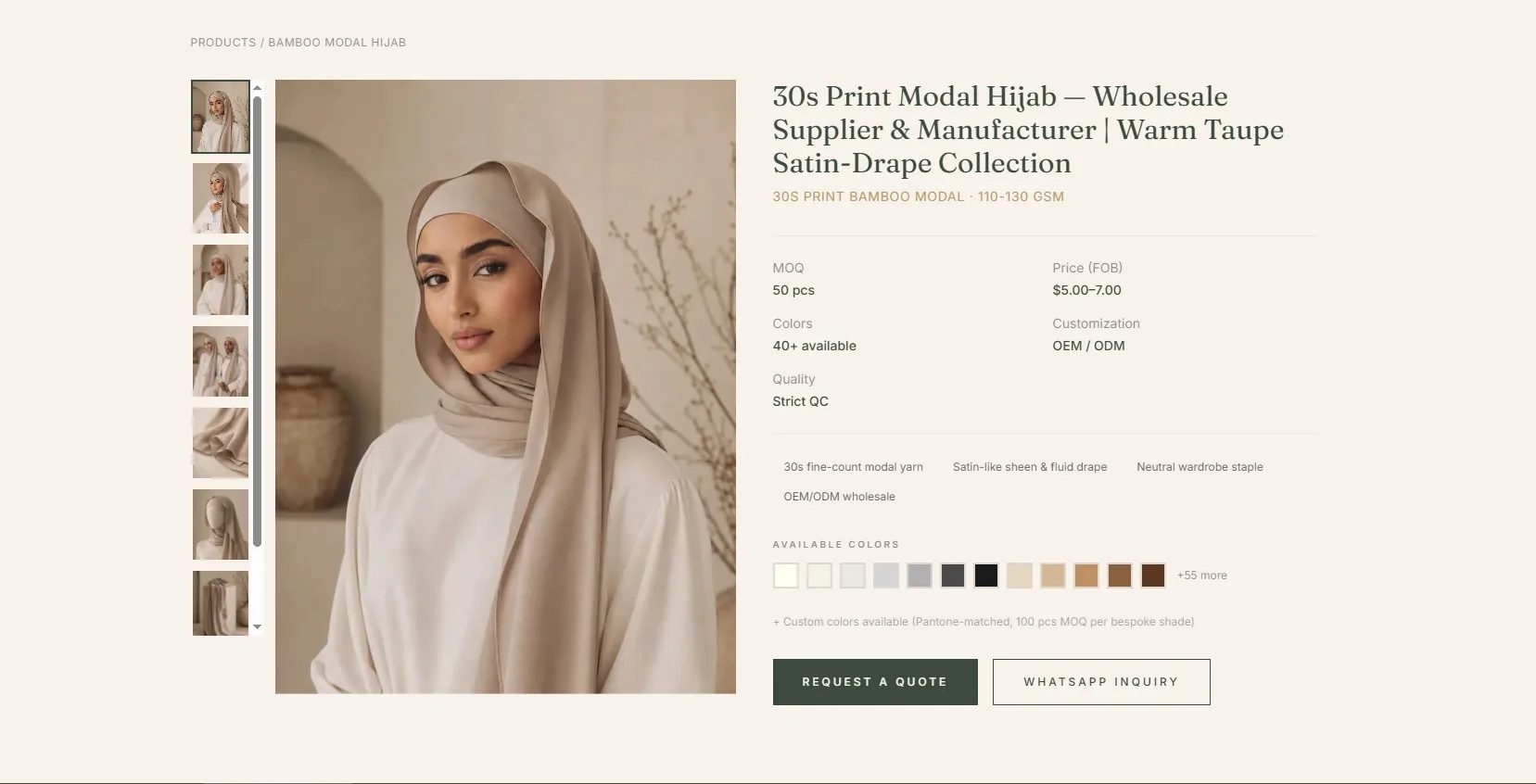 30s Print Modal Hijab — Wholesale Supplier & Manufacturer | Ivory White Fluid Drape Collection — 30s Print Bamboo Modal, 110-130 GSM, wholesale from 50 pcs MOQ