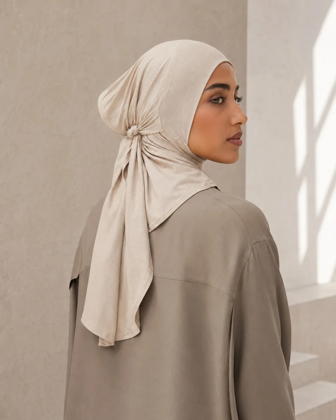 Jersey Hijab Undercap Wholesale — OEM Manufacturer | Tie-Back Cap Hijab, Sand Neutral Collection — Cotton Jersey / Spandex hijab, 50 pcs MOQ, OEM/ODM wholesale | QIUYAN — view 3