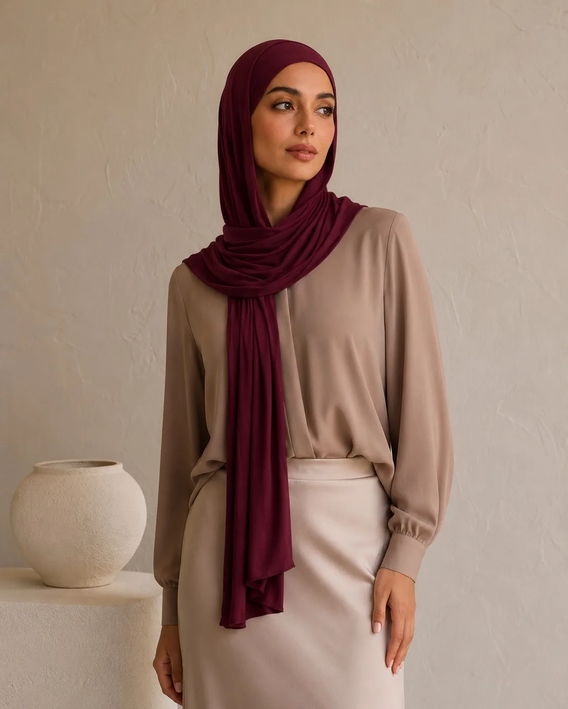 Private Label Liquid Jersey Hijab — Wholesale Silky Drape, OEM Manufacturer | Burgundy Solid Collection — Liquid Jersey hijab, 50 pcs MOQ, OEM/ODM wholesale | QIUYAN — view 3