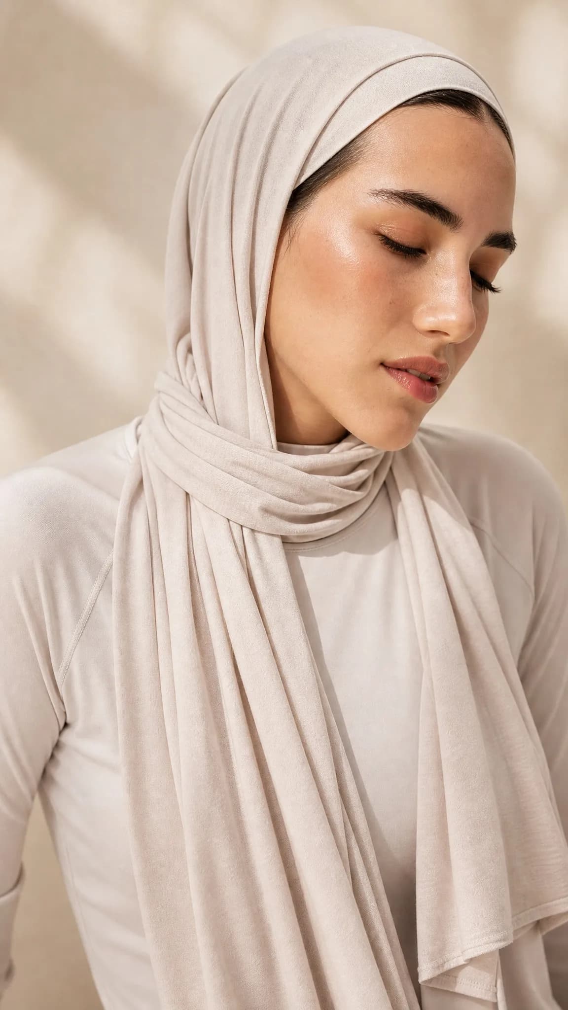 Private Label Liquid Jersey Hijab — Wholesale Silky Drape, OEM Manufacturer | Cream Sand Solid Collection — Liquid Jersey hijab, 50 pcs MOQ, OEM/ODM wholesale | QIUYAN — view 5
