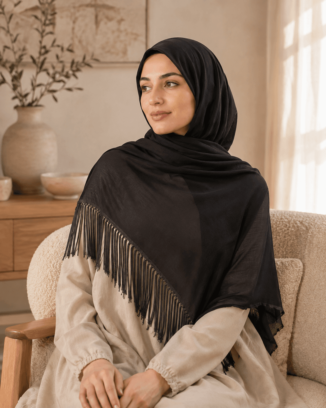 Modal Tassel Hijab — Hand-Embroidered Edge, Artisan Limited Collection — Modal Tassel hijab, 50 pcs MOQ, OEM/ODM wholesale | QIUYAN