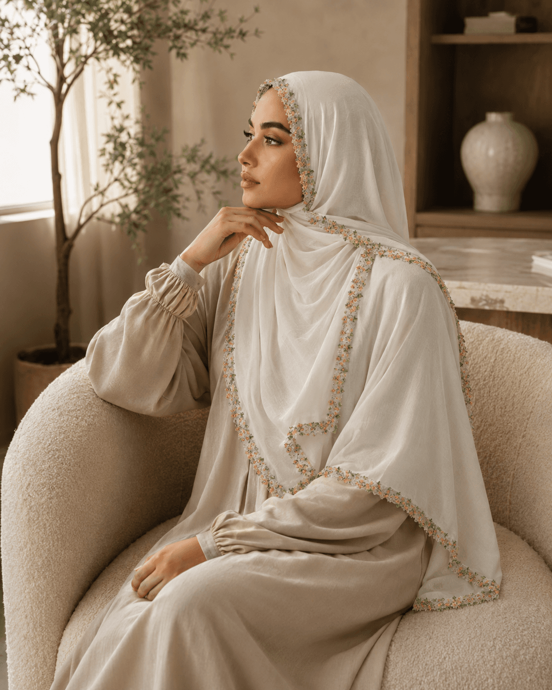 Modal Trim Hijab — Floral Lace Border, Classic Everyday Collection — Modal Trim hijab, 50 pcs MOQ, OEM/ODM wholesale | QIUYAN