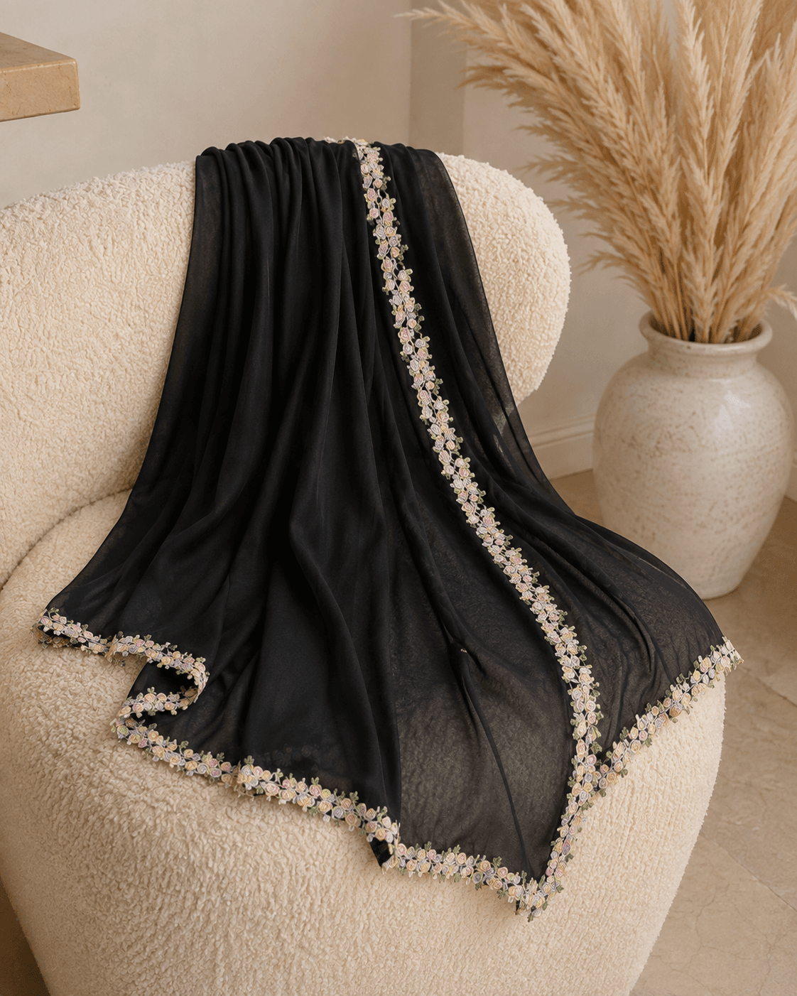 Modal Trim Hijab — Lace Insert Panel, Semi-Sheer Luxury Collection — Modal Trim hijab, 50 pcs MOQ, OEM/ODM wholesale | QIUYAN