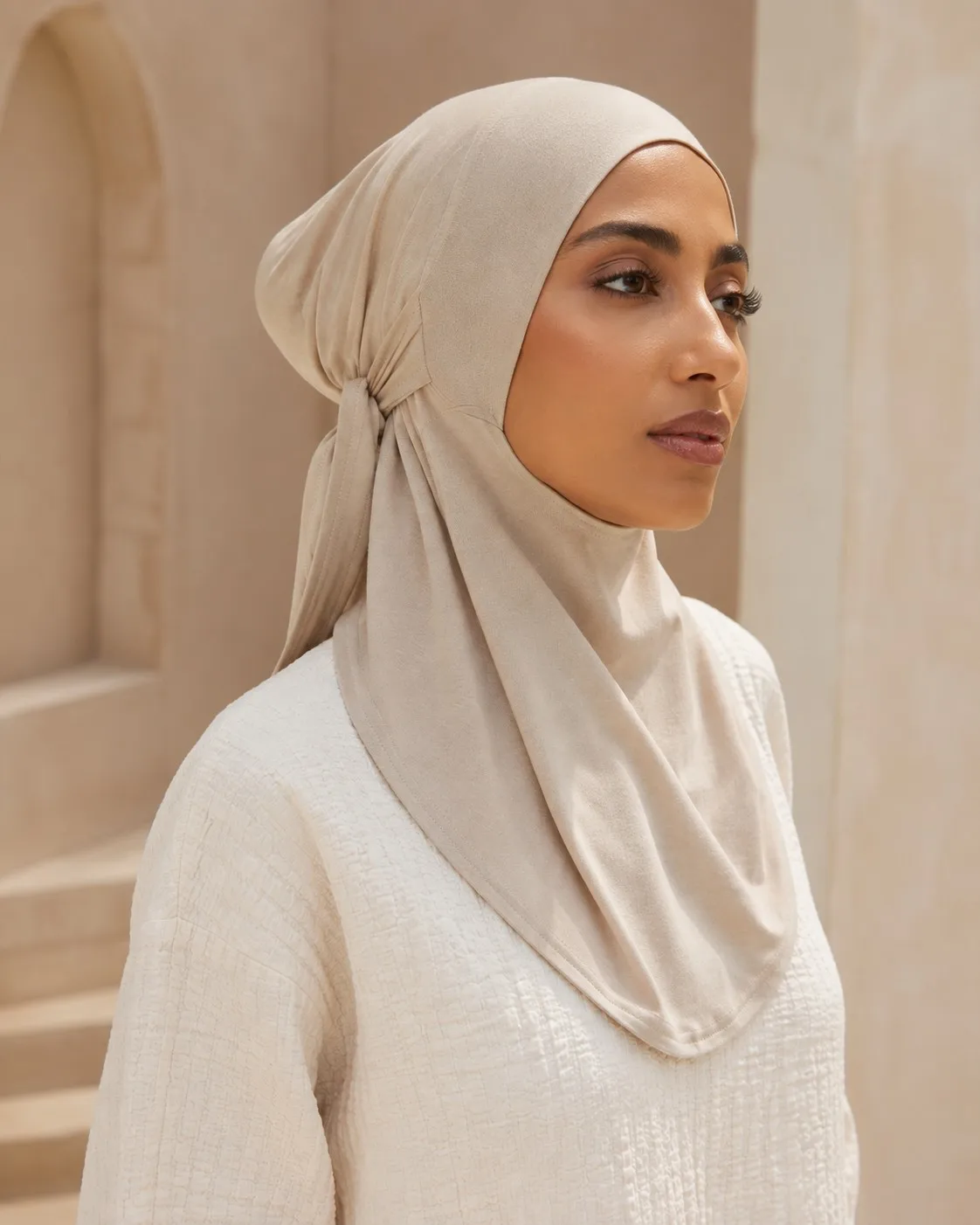 Jersey Hijab Undercap Wholesale — OEM Manufacturer | Tie-Back Cap Hijab, Sand Neutral Collection — Cotton Jersey / Spandex, 200 GSM, wholesale from 50 pcs MOQ