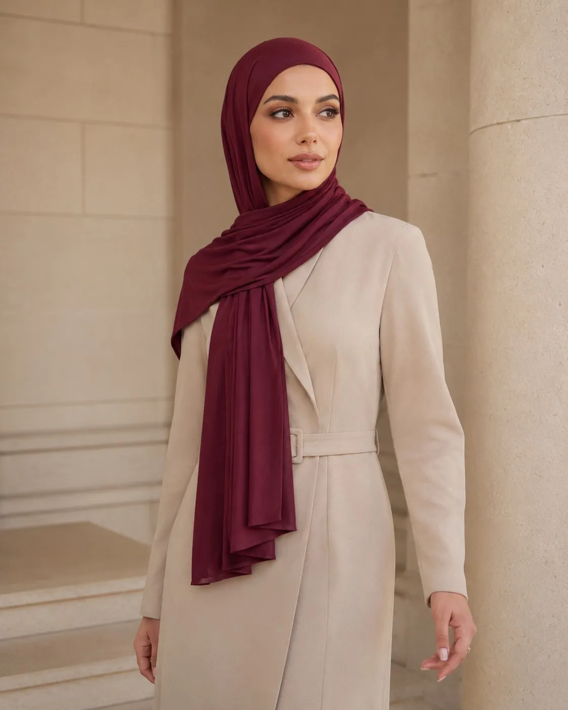 Private Label Liquid Jersey Hijab — Wholesale Silky Drape, OEM Manufacturer | Burgundy Solid Collection — Liquid Jersey hijab, 50 pcs MOQ, OEM/ODM wholesale | QIUYAN