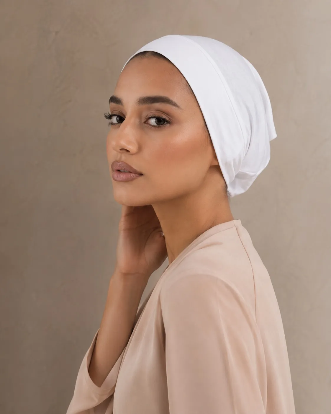 Jersey Hijab Undercap Wholesale — OEM Manufacturer | Stretch-Fit Non-Slip Cap, Solid White — alternate view showing Cotton Jersey / Spandex drape and finish