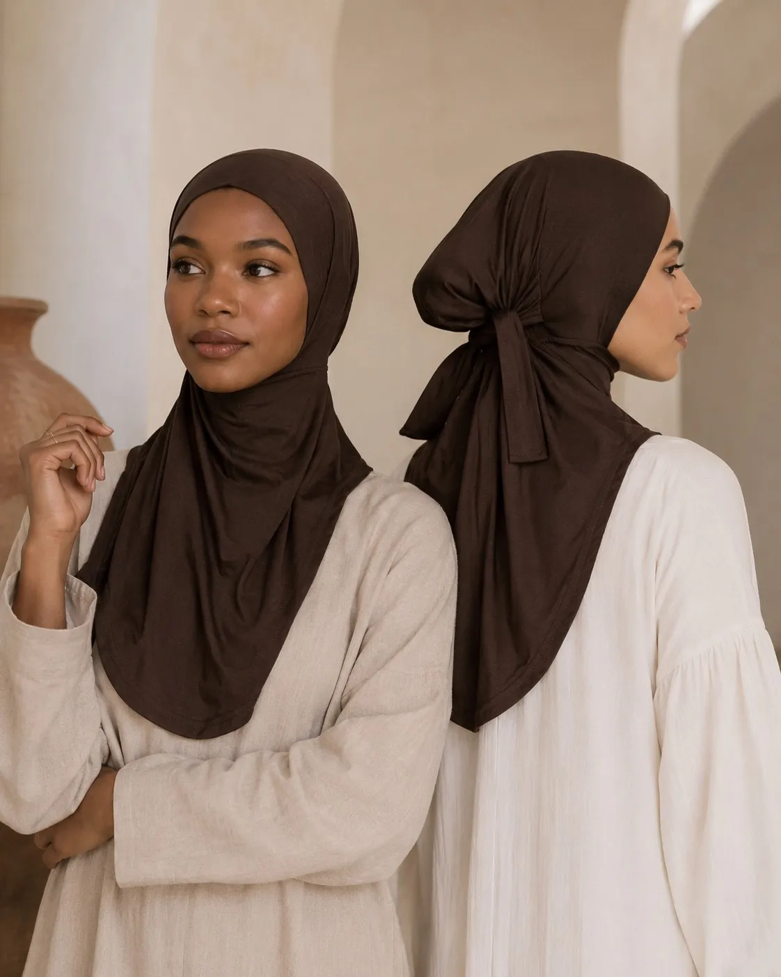 Jersey Hijab Undercap Wholesale — OEM Manufacturer | Tie-Back Cap Hijab, Dark Chocolate Collection — Cotton Jersey / Spandex, 200 GSM, wholesale from 50 pcs MOQ