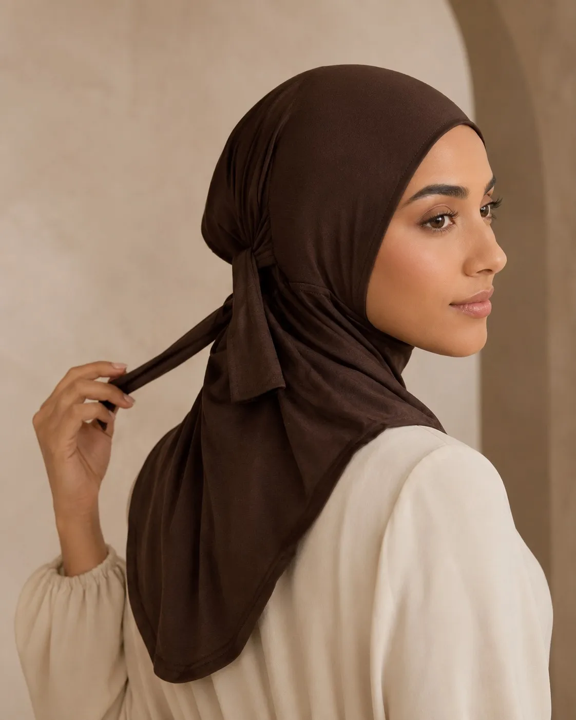 Jersey Hijab Undercap Wholesale — OEM Manufacturer | Tie-Back Cap Hijab, Dark Chocolate Collection — alternate view showing Cotton Jersey / Spandex drape and finish