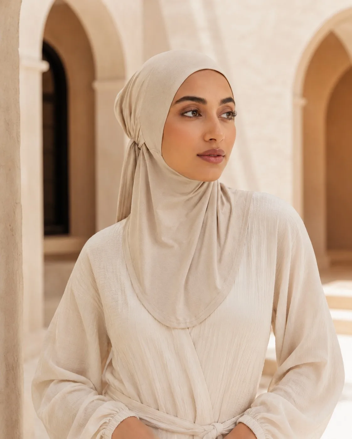 Jersey Hijab Undercap Wholesale — OEM Manufacturer | Tie-Back Cap Hijab, Sand Neutral Collection — alternate view showing Cotton Jersey / Spandex drape and finish